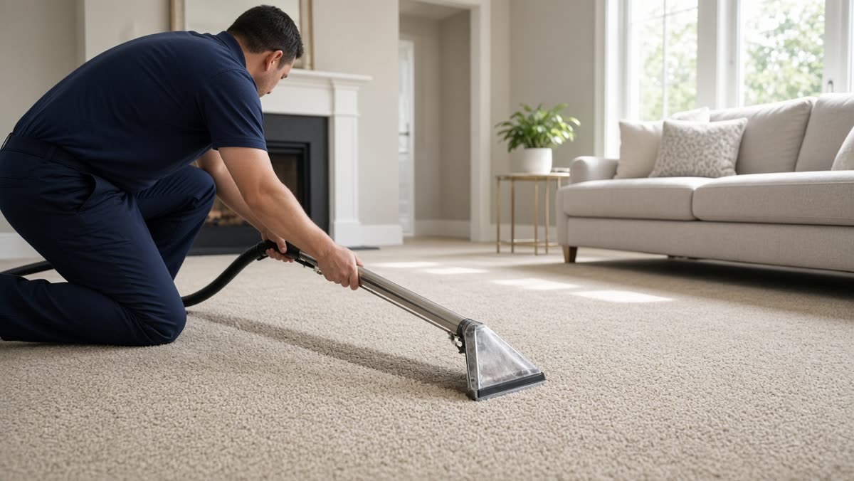 Technician cleaning residential living-room carpet with a wand