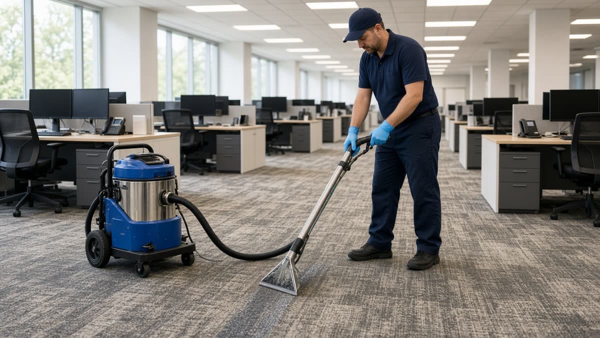 Commercial office carpet being cleaned after hours