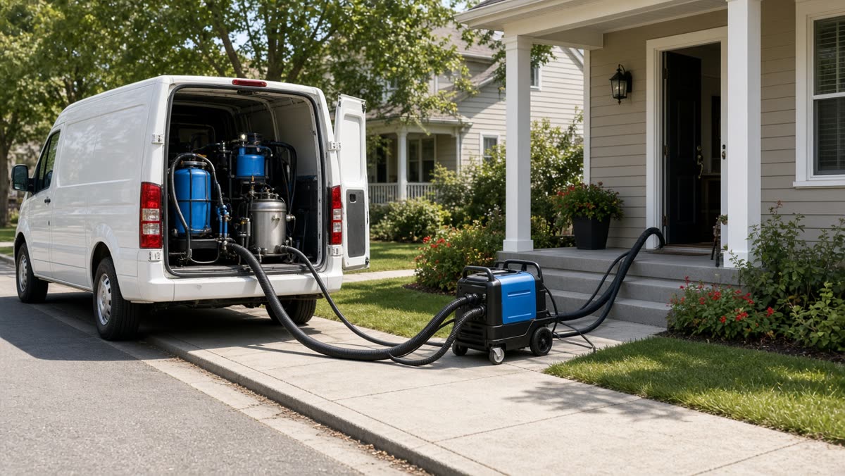 Carpet cleaning van parked at the curb with hoses running into a house