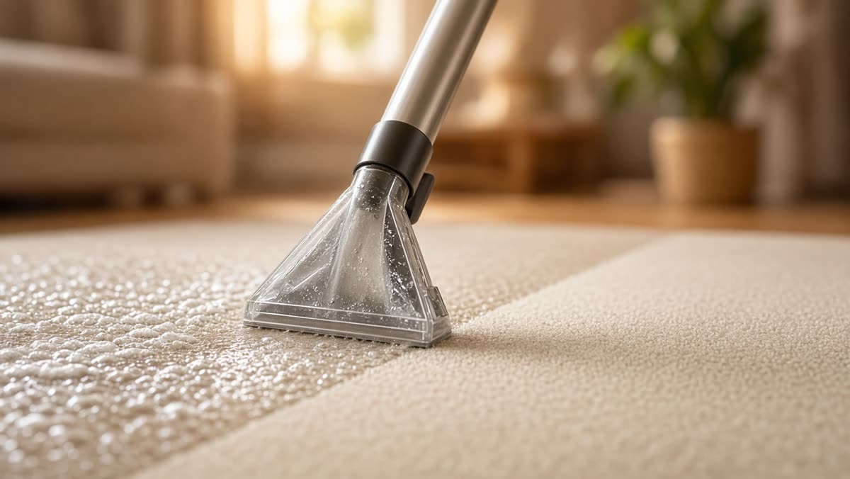 Close-up of hot-water extraction wand on carpet fibers