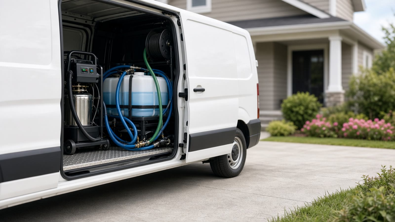 White mobile carpet cleaning van with extractor tanks and wand equipment ready for on-site work